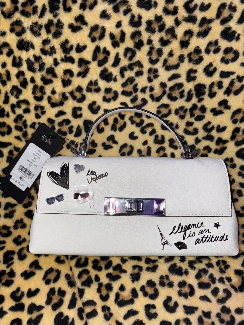 Karl Lagerfeld White Top-Handle Satchel with Graphic Accents